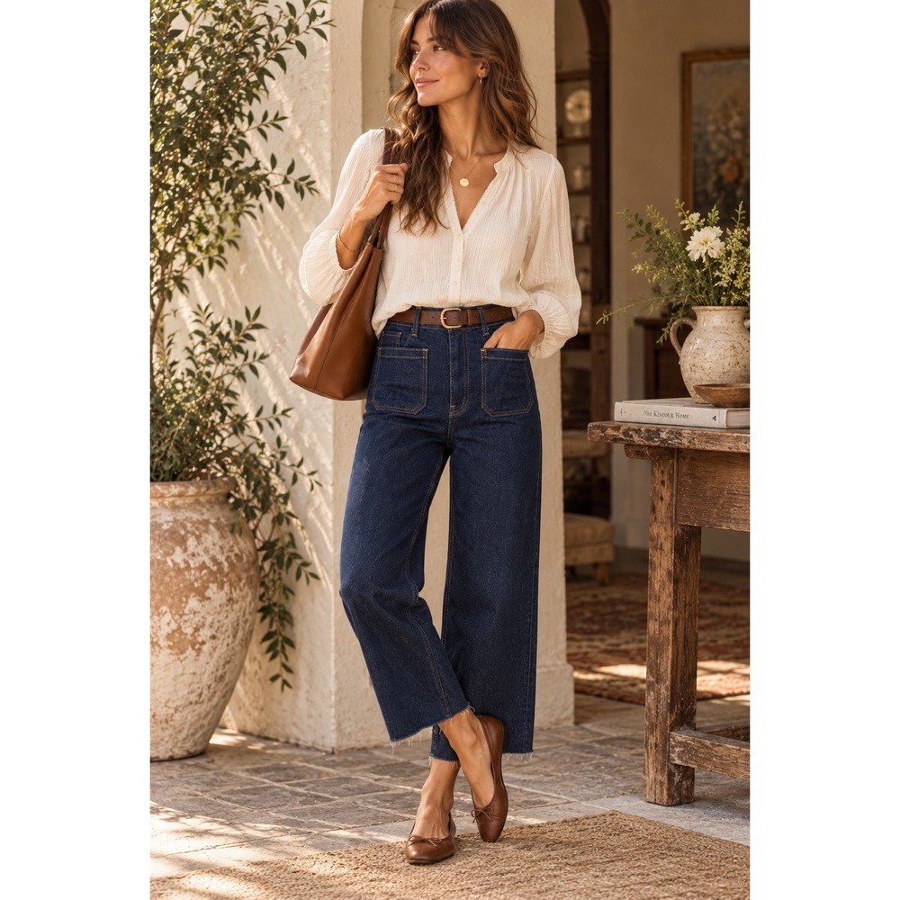 Zara Patch Pockets Marine Straight Jeans 2 Dark Wash High Rise Wide Leg